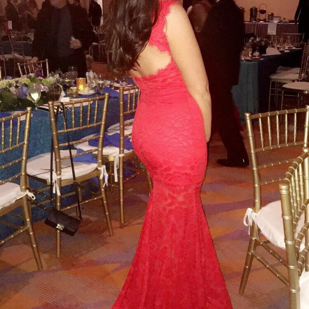 Betsy & Adam Red Floor-Length Lace Dress